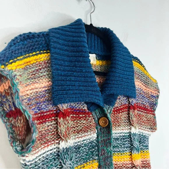Vintage 80s Coogi style colourful striped knit short sleeve cardigan sweater L - Picture 8 of 14